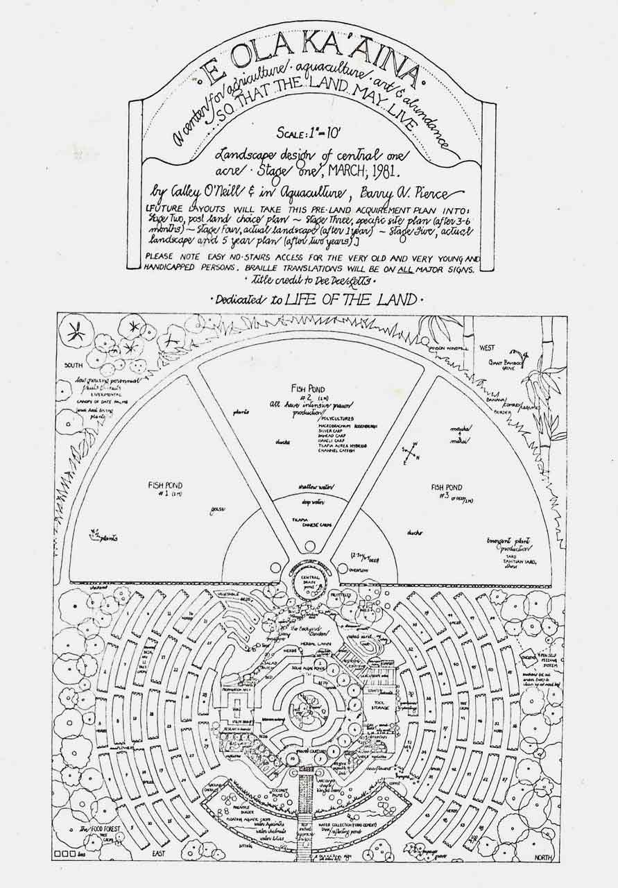 E Ola Ka Aina, A Center for Agriculture, Aquaculture, Art and Abundance, prototype Master Plan, 1981, by Calley O’Neill and Dr. Barry A. Costa-Pierce, Oahu, Hawai’i.