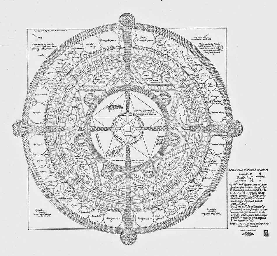 Kahumana Mandala Garden, 1981, dryland raised bed food garden, Waianae, Hawai’i by Calley O’Neill..  Also on this page is another small farm design, Kona Freshwater House.