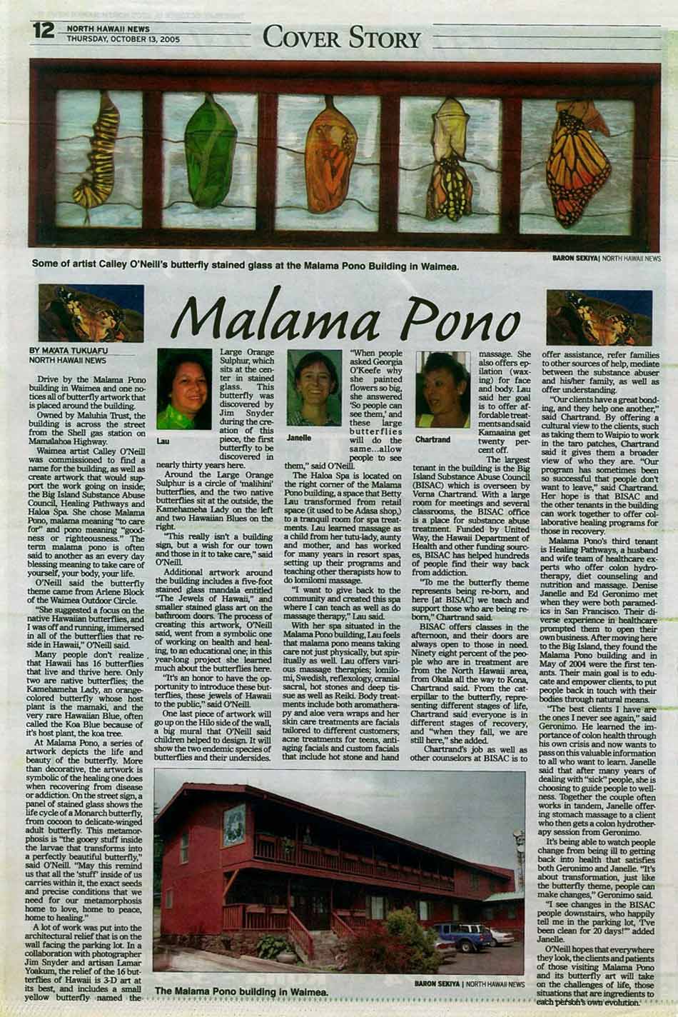 Waimea artist Calley O'Neill was commissioned to find a name for the building, as ell as create artwork that would support the work going on inside; the Big Island Substance Abuse Council, Healing Pathways and Haloa Spa.  She chose Malama Pono, malama meaning "to care for' and pono meaning 'goodness or righteousness.'  The term malama pono is often said to another as an everyday blessing meaning to take care of yourself, your body, your life.